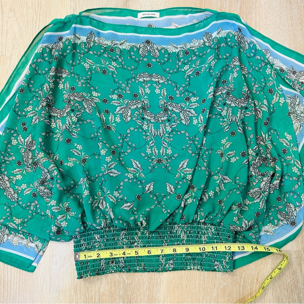 Flowy Cottage Green Patterned Scrunch Waist Elegant Feminine Women's Top - Picture 11 of 12